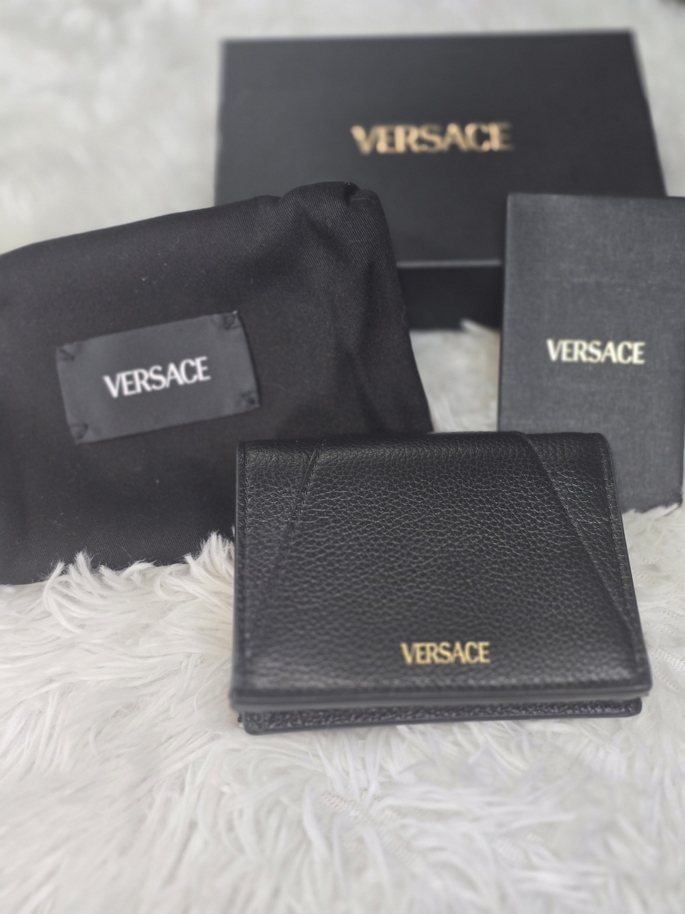 New With Dust Bag & Box Versace Calfskin Black Leather Bi-Fold Card